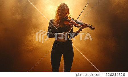 violinist stands alone on stage closed eyes, fully absorbed in music Warm stage lights create dramatic shadows, enhancing emotional atmosphere of performance 128254828