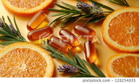 Vitamin capsules float gracefully between fresh orange slices, mint leaves, and lavender sprigs, creating refreshing blend of health and nature 128254835