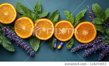 Vitamin capsules gracefully hover between vibrant slices of oranges, fresh mint leaves, and aromatic lavender sprigs, creating refreshing celebration of health and nature 128254851