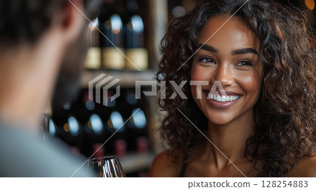 In modern wine bar, female sommelier smiles confidently while holding bottle of wine, warmly engaging customer and sharing her expertise in wine selection 128254883