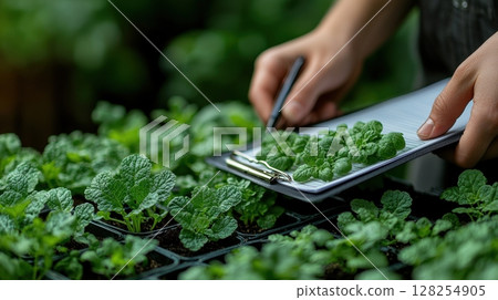 Hands on learning takes place as gardener checks planting checklist while surrounded vibrant young seedlings in well maintained greenhouse 128254905