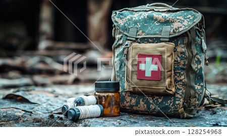 Military grade first aid kit displayed on camouflage backpack features vital trauma supplies like pressure bandages and tourniquet, emphasizing preparedness in rugged environments 128254968