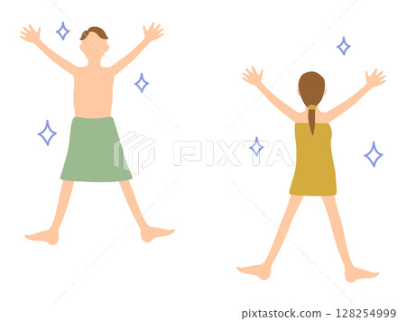 一組男女用浴巾裹住身體並歡呼的插圖 128254999