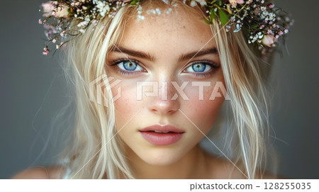 radiant fairy queen stands gracefully, adorned butterfly like wings and floral crown Her soft pink and blue hues glow softly, creating magical atmosphere radiant fairy queen stands gracefully, adorned butterfly like wings and floral crown Her soft pink and blue hues glow softly, creating magical atmosphere 128255035