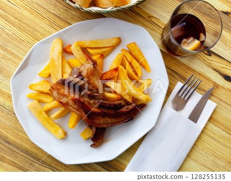 Fried pork belly with potato, homemade dinner 128255135