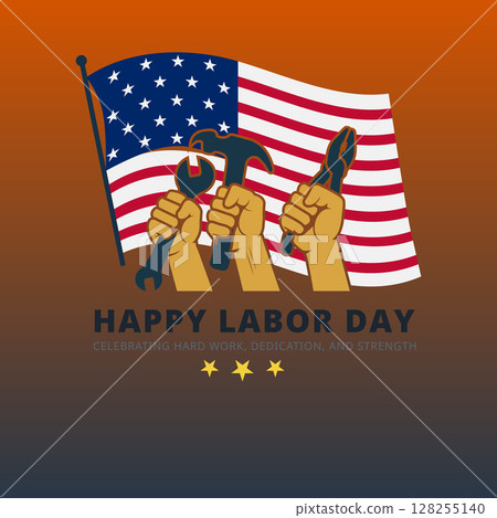 Labor Day Graphic with Fists Holding Tools and Large USA Flag Labor Day Graphic with Fists Holding Tools and Large USA Flag 128255140