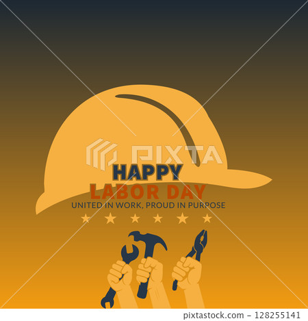 Labor Day Graphic with Helmet, Tools, and Raised Worker Hands Labor Day Graphic with Helmet, Tools, and Raised Worker Hands 128255141
