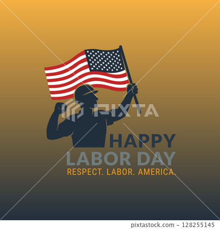 Labor Day Illustration with Worker Silhouette Holding USA Flag 128255145