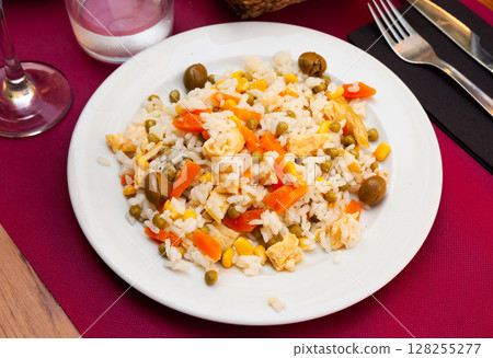 Rice salad with sliced omelette and vegetables Rice salad with sliced omelette and vegetables 128255277