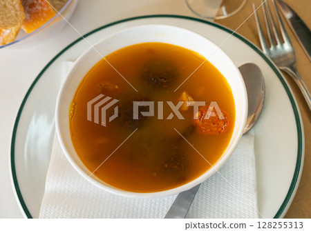 Stewed lentils with sausages, spanish Riojan lentils 128255313