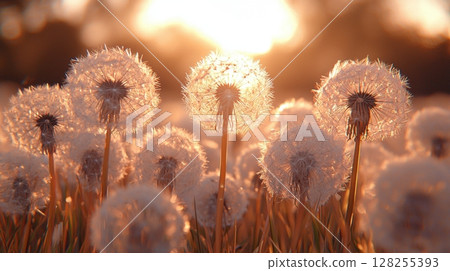 Dandelion seeds are gently carried wind in serene setting Transparent airflow trails illustrate their movement through soft sunlight of warm day in open field 128255393