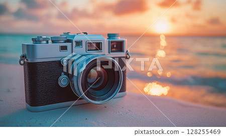 passionate photographer tinkers vintage camera settings during golden hour, surrounded breathtaking sunset sky and shimmering water reflecting warm hues 128255469