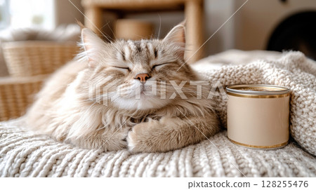 Glistening wet cat food is elegantly displayed in crystal glass bowl next premium gold labeled canned product scene exudes luxurious touch for discerning pet owners 128255476