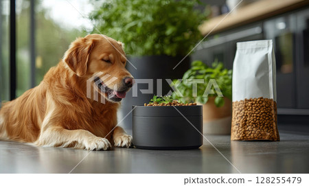 relaxed Labrador Retriever enjoys its meal from personalized wooden bowl, while modern pet food bag rests nearby in warm indoor space filled greenery relaxed Labrador Retriever enjoys its meal from personalized wooden bowl, while modern pet food bag rests nearby in warm indoor space filled greenery 128255479