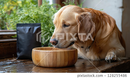 Labrador Retriever sits comfortably while eating from personalized wooden bowl Behind it, chic pet food bag adds inviting atmosphere of warmth and care 128255486