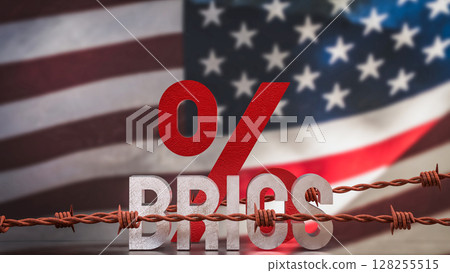 The Brics text on USA flag for Business concept 3d Rendering. 128255515