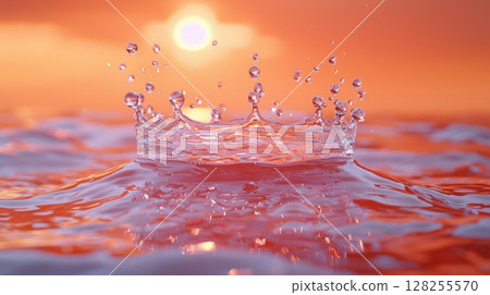 single water droplet strikes smooth surface, forming symmetrical crown splash backdrop features mesmerizing sunset, highlighting fluid dynamics and surface tension single water droplet strikes smooth surface, forming symmetrical crown splash backdrop features mesmerizing sunset, highlighting fluid dynamics and surface tension 128255570