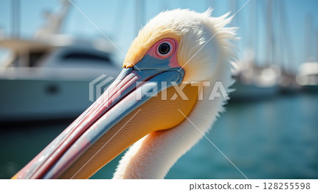 Photorealistic Extreme Close-up of Pelican Beak and Eye in Harbor Setting Photorealistic Extreme Close-up of Pelican Beak and Eye in Harbor Setting 128255598