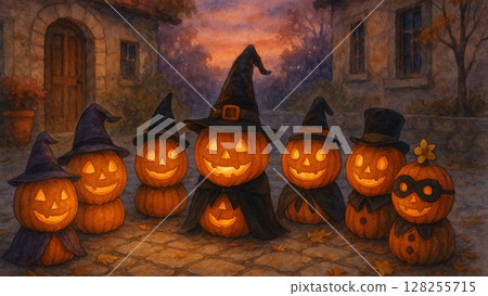 Halloween Village Square where costumed pumpkins gather Halloween Village Square where costumed pumpkins gather 128255715