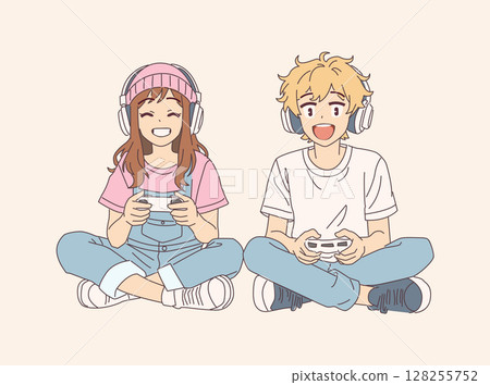 Joyful Teens Playing Video Games Together 128255752