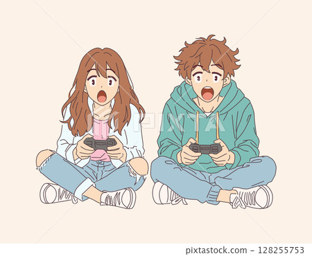 Excited Teenagers Playing Video Games Together 128255753