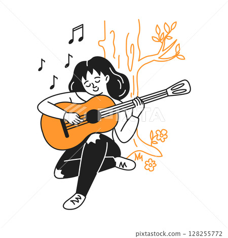 Illustration of a Girl Playing Guitar Outdoors Illustration of a Girl Playing Guitar Outdoors 128255772