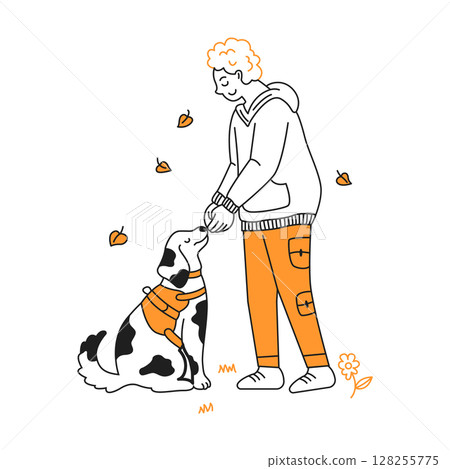 Person and Dog in Simple Line Art Style Person and Dog in Simple Line Art Style 128255775
