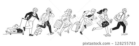 Illustration of people rushing with luggage 128255783
