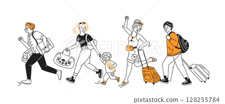 Joyful Travelers with Luggage on White Background 128255784