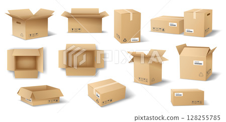 Various cardboard boxes in different positions 128255785
