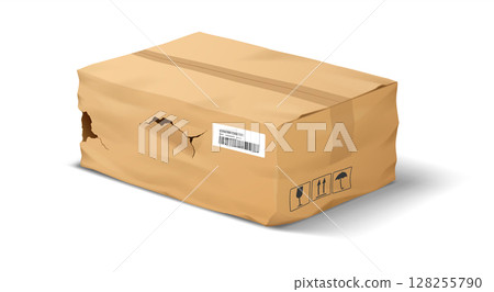 Damaged Cardboard Package with Bar Code on White Background 128255790