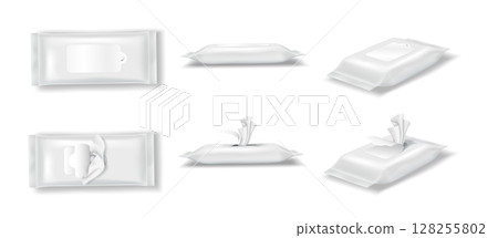 Vector illustration of white wet wipes packaging set 128255802