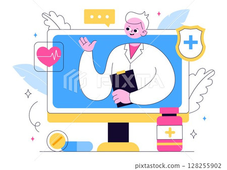 Telemedicine Illustration Featuring Healthcare Innovation with AI Diagnosis, Mobile Health Apps, and Technology Integration through Smart Devices Telemedicine Illustration Featuring Healthcare Innovation with AI Diagnosis, Mobile Health Apps, and Technology Integration through Smart Devices 128255902
