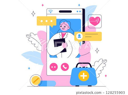 Telemedicine Illustration Featuring Healthcare Innovation with AI Diagnosis, Mobile Health Apps, and Technology Integration through Smart Devices 128255903