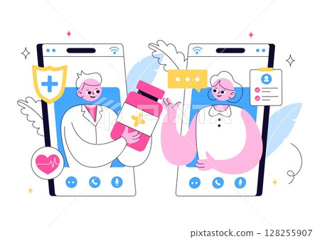 Telemedicine Illustration Featuring Healthcare Innovation with AI Diagnosis, Mobile Health Apps, and Technology Integration through Smart Devices Telemedicine Illustration Featuring Healthcare Innovation with AI Diagnosis, Mobile Health Apps, and Technology Integration through Smart Devices 128255907