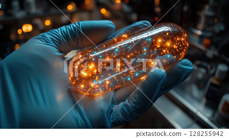 gloved hand holds translucent vitamin capsule vibrant core, highlighting innovative nutrition technology in sleek research laboratory setting 128255942