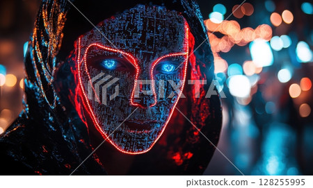 In dimly lit cyber city, man stands adorned dazzling LED mask shifts through various emotions In dimly lit cyber city, man stands adorned dazzling LED mask shifts through various emotions 128255995