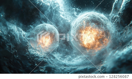 Two luminous photons hover in deep space, connected delicate light trails visual representation captures essence of quantum entanglement and its mysteries 128256087