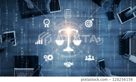 Digital law interface displaying justice scale, highlighting digital law Muxer 128256156