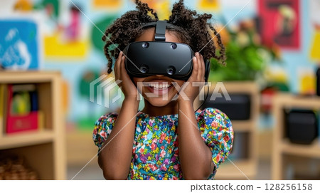 young student joyfully explores virtual reality program in modern classroom designed for innovative learning colorful background enhances immersive educational experience young student joyfully explores virtual reality program in modern classroom designed for innovative learning colorful background enhances immersive educational experience 128256158