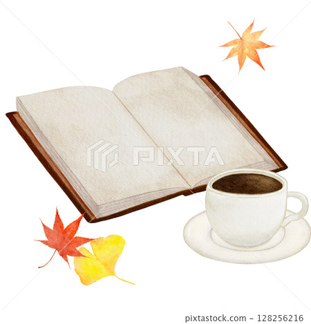 書籍、水彩畫、古董、楓葉、咖啡、銀杏、插畫 128256216