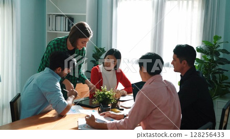 Business woman walking and hold tablet to present plan to investor. Convocation. 128256433