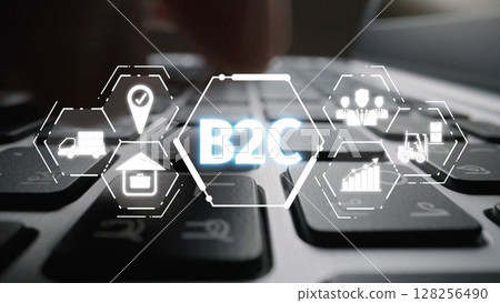 B2C Business Model with Consumer Delivery, Retail, and Growth Icons Muxer 128256490