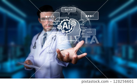 Doctor Holding AI Technology Concept with Human Brain and Chat Bubbles in Medical Environment. PHMT Doctor Holding AI Technology Concept with Human Brain and Chat Bubbles in Medical Environment. PHMT 128256601