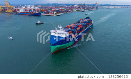 Aerial view from drone, Container ship or cargo shipping business logistic import and export freight transportation by container ship in open sea, Container loading cargo freight ship boat. 128256613