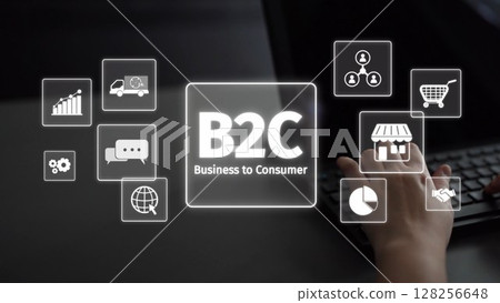 B2C Business Model with Consumer Delivery, Retail, and Growth Icons Muxer 128256648