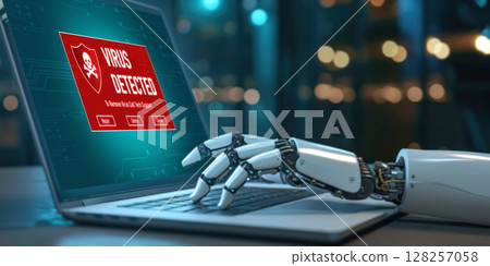 Virus warning alert on computer screen detected brisk cyber threat 128257058