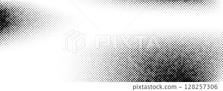 Grunge halftone gradient texture. Black pixelated grange backdrop. Weathered grit noise background. Damaged glitched print overlay. Fade gritty sand wallpaper. Vector smudged halfton texture 128257306