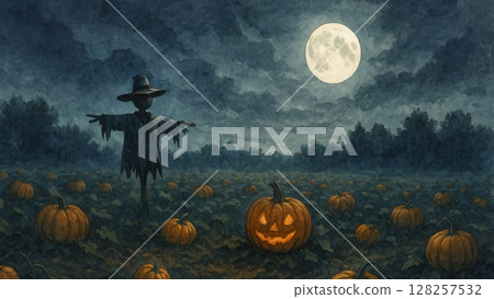 滿月下的稻草人和南瓜之夜 128257532