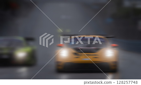 Motion blur race car racing on speed track, Motion blurred super car race on street track circuit, Automobile automotive transportation vehicle background, 128257748